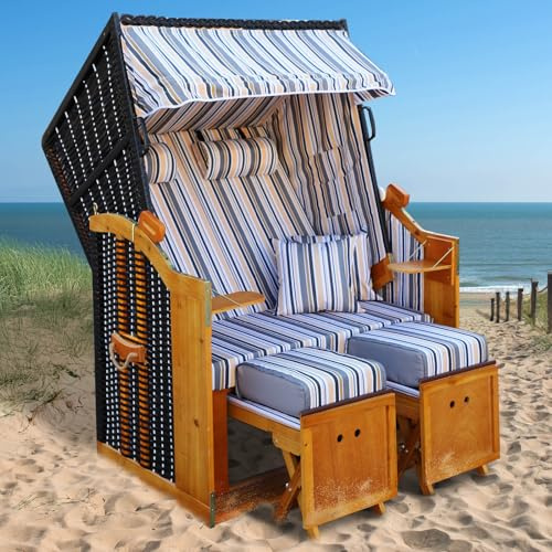 BRAST Strandkorb Rügen Deluxe | für 2 Personen | 120cm breit | 5 Designs | inkl. wetterfeste Abdeckhaube, verstellbare Rückenlehne weiches Fußkissen | Grau/Blau/Olive - gestreift