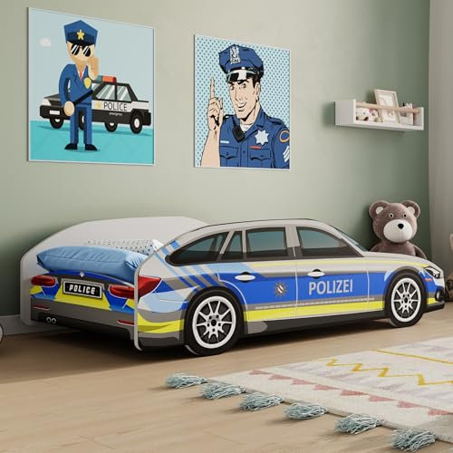 Kids Collective Autobett Kinderbett Jugendbett 70x140 & 80x160 cm mit Rausfallschutz | 70x140 cm Polizei Polizeiauto Polizist Kinder Spielbett