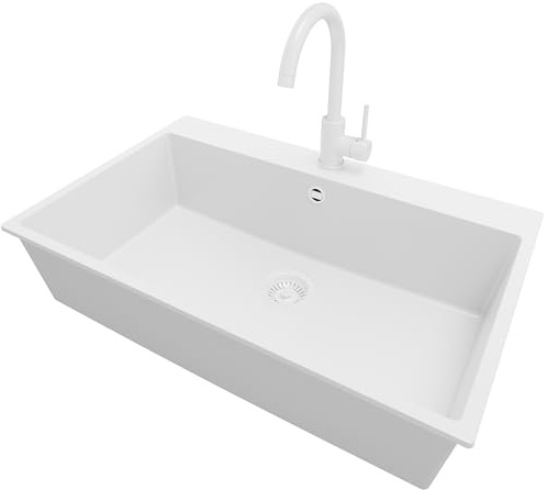 PRIMAGRAN Lavandino da Cucina al Mobile 80cm + Rubinetto, 78x50cm | Set: Rubinetto BW5010 + Kit di scarico + Lavello in Granito a 1 Vasca - Riga, Tutto Bianco