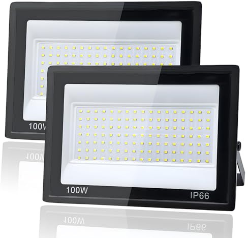 2 Piezas Focos LED Exterior 100W, Tkdaksy 1M Cable Blanco Frío 6500K Proyector LED Exterior, Resistente al Agua IP66 Foco Proyector LED, 10000LM para Terrazas, Patios, Cuadrado, Parques, Garajes, Fábr