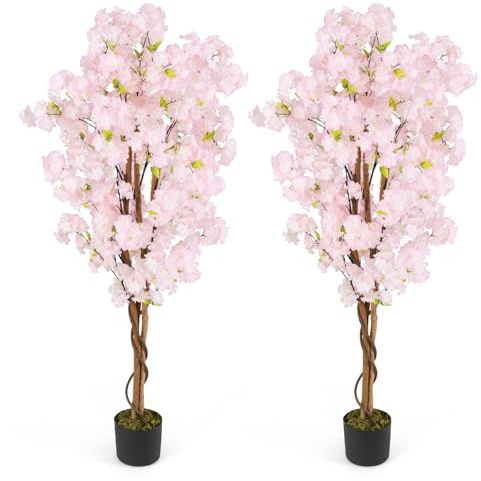 RELAX4LIFE 2er Set Künstliche Kirschbäume, 150 cm Künstliche Blumenpflanze mit natürlichem Holzstamm, Kunstblumen Indoor Outdoor Pflanze Dekorationen für Zuhause, Büro, Hochzeit