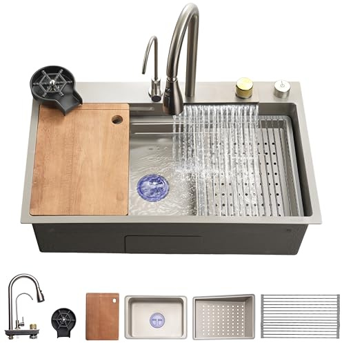 SereneLife Evier Cuisine 1 bac Inox 75 x 46 x 22cm – Evier Cuisine Multifonction avec Égouttoir – Lavabo Cuisine avec Cuve Profonde, Robinet et Lave-Tasses Intégrés, Planche à Découper, Design Moderne
