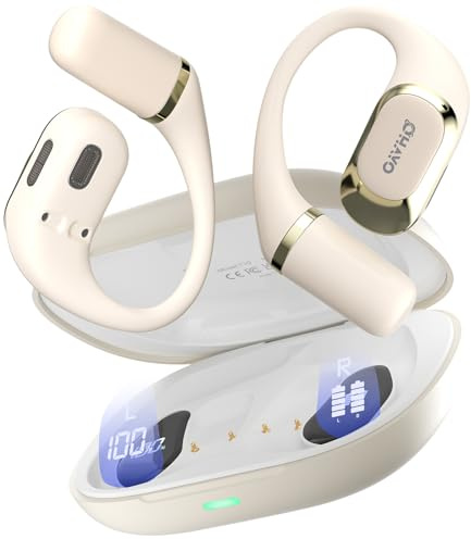 OHAYO Écouteurs Bluetooth sans Fil Open Ear: oreillette Bluetooth 5.4, Basses puissantes, conducteur de 15 mm, autonomie 40h, écran LED, contrôle Tactile, IPX6 étanche pour Course, Fitness, Blanc