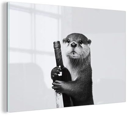 MuchoWow© Glasbild Wall Art Decoration Bilder für die Wand Schlafzimmer | 120x80 cm - Deko Canvas Painting Wanddekoration Wohnzimmer Weinflasche - Otter - Schwarz
