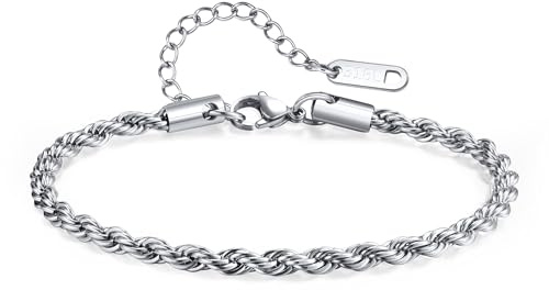 Gamtic Chaîne Bracelet Homme Gourmette Argent - Chaine Fin Maille Bracelet en Acier Inoxydable, Chaîne Figaro Cubaine Torsadée, Gourmette Ultra Mince (Chaîne Torsadée,4mm,18+5cm)