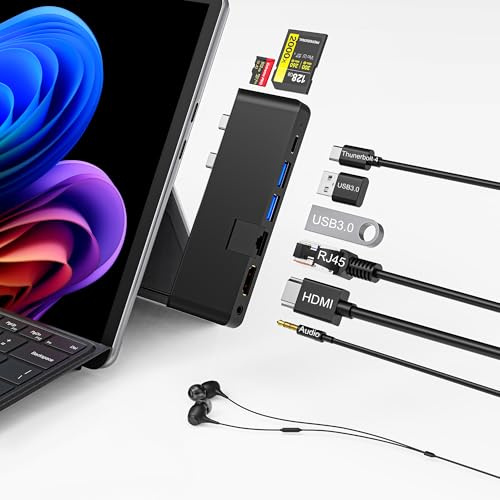 Surface Pro 12 2025 Hub USB C, Surface Pro 12 Docking Station avec HDMI 4K, Thunderbolt 4 (vidéo 8K + données + PD 100 W), 2 Ports USB 3.0, Prise Audio 3,5 mm, 1 Port Ethernet 100 M, SD/TF