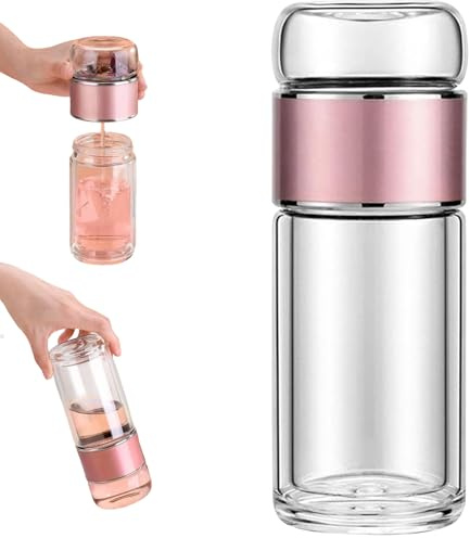 Tryteava Glass Tea Infuser Bottle, Doppellagiger Glas Teeflasche mit Sieb, 3 In 1 Smart Tea Maker for Loose Leaf Tea Steeper, Light Portable Travel Tea Maker with Stainless Tea Filter (Pink,350mL)