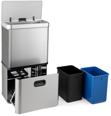 COSTWAY 56L Pattumiera Differenziata, Pattumiera in Acciaio Inossidabile a 3 Scomparti con Coperchi, Sensore di Movimento, Coperchio a Chiusura Lenta per Cucina Soggiorno Ufficio (Argento)