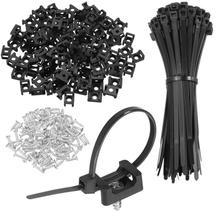 sourcing map 100pcs 22.6mm Cable Tie Saddle Type Mounts Base with 150mm Cable Zip Ties and M5 Tapping Screws M6 Hole, Wire Organizer Holder Clamps Set, Black