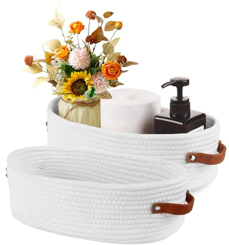 LWLWA Aufbewahrungskorb Bad, Baumwollseil Körbe Aufbewahrung, 2 Stück | 33 x 15 x 10 cm Geflochtener Korb, Multifunktional Aufbewahrungskorb Geflochten Weiß, für Badezimmer, Schlafzimmer