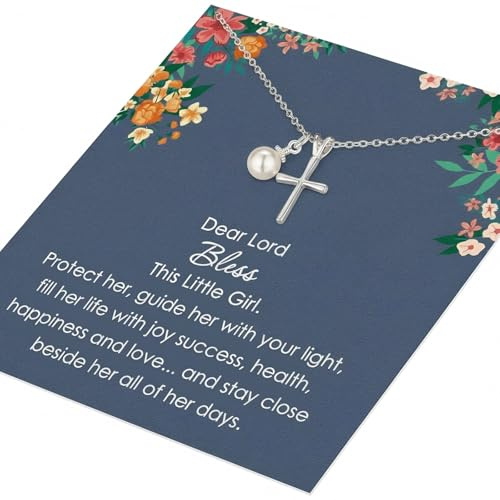 BVB Sterling Silver Cross Necklace for Girls: 925 Silver Pearl Pendant Kids Jewelry for Girls 8-12, First Communion Confirmation Baptism Christening Gifts for Little Girl & Teenager Godchild