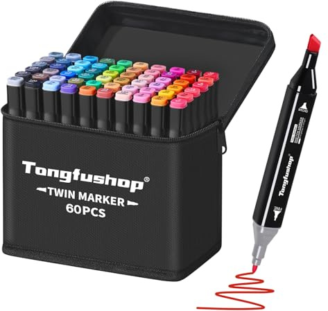 Tongfushop 60 Farben Alkohol Stifte Set, 2S Schnell Trocknende Doppelspitze Alkohol Marker, Meißel & Feine Alkoholmarker Filzstifte mit Anti-Seepage Abstandshaltern für Malerei Design Skizzieren Manga