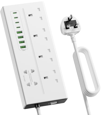 3M Extension Lead with USB C, 4 Way Outlets Multi Plug Extension with 8 USB | 4 Type C & 4 USB A, 3250W 13A Overload Protection 3M Extension Cord with Control Switch, Power Socket for Home Office