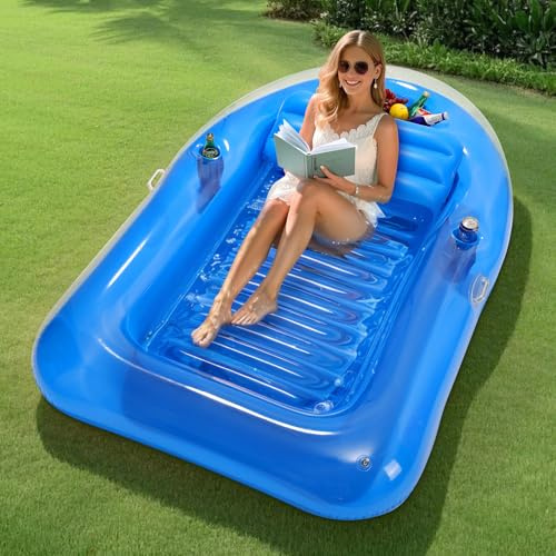 MoKo Galleggianti da Piscina a Forma di Barca, 200 x 125 cm Materassino da Piscina Gonfiabile con Ghiaccio Bar e Portabevande, Lettino Abbronzante Zattera da Piscina con Cuscino per Spiaggia, Blu
