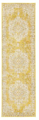 RugVista Nadia Teppich, 80 x 300 cm, Gelb | Vintage, Rechteckig, Niedriger Stapel, Nur chemische Reinigung, Oeko-Tex 100, Wohnzimmer, Esszimmer, Schlafzimmer, Küche