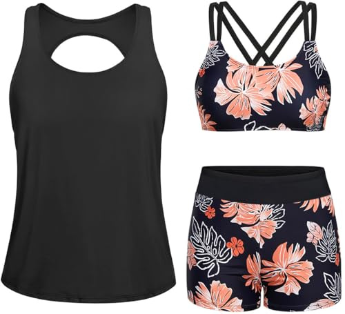 Yonique Tankini Swimsuits for Women 3 Piece Bathing Suits Swim Tank Top with Boy Shorts and Bra Modest Swimwear Black and Orange XL
