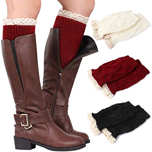 PHOGARY 3 Paare Stulpen Damen Winter Beinwärmer mit Spitzenbesatz, Stricken Häkelarbeit Kurze Leg Warmers Mädchen Stiefel Boot Abdeckung für Winterwärmer