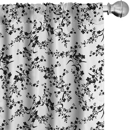 ABAKUHAUS Floreale Tenda a Pannello Set di 2, Barocco Blooms Vintage, Trattamento della Finestra per Stanza e Camera da Letto, 2 pezzi 75 cm x 225 cm, In Bianco E Nero