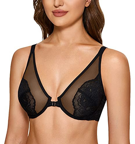 DOBREVA Women's Lace See Through Bra Front Closure Unlined Underwire Plus Size Minimizer Black 42E
