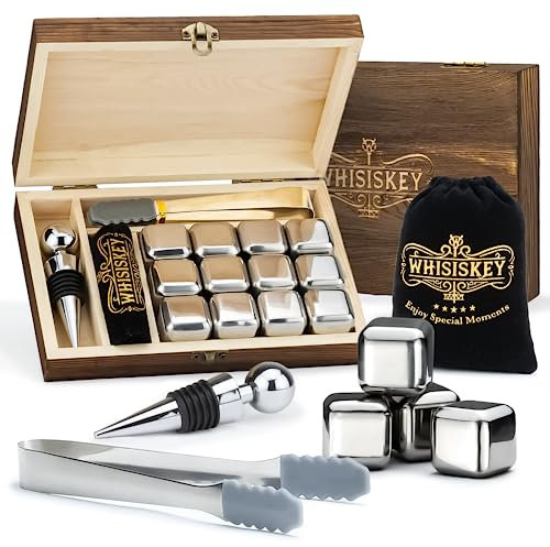 WHISISKEY Whisky Steine Set - 12 Whiskey Steine & Zange - Geschenke für Männer - Männergeschenke - Geburtstagsgeschenk Mann - Geschenkbox - Whisky Zubehör - Eiswürfel Wiederverwendbar