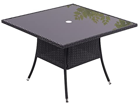 The Fellie Patio Table Garden Rattan Table Tempered Glass Tabletop 105cm Square Coffee Tables Outdoor Bistro Tables with Umbrella Hole,Black