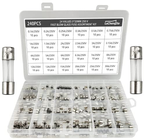 24 Values 240 pcs Fast-Blow Glass Fuse Assortment Kit 5x20mm 250V 0.1/0.2/0.25/0.3/0.5/0.75/1/1.5/2/2.5/3/ 3.15/4/5/6/6.3/7/ 8/10/12/15/20/25/30A packag in a Clear Plastic Box