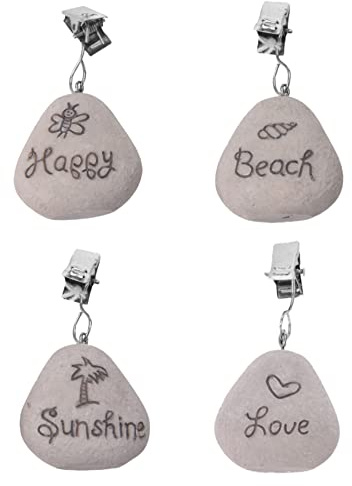 MIK funshopping 4er Set Tischdeckengewicht Tischdeckenbeschwerer mit Klemmfunktion - Tischdecken-Gewichte - Tischtuchhalter für den gedeckten Gartentisch (Steine Love Happy Beach Sunshine)