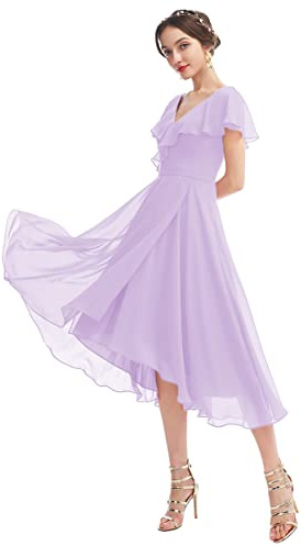 WSEYU Robes de demoiselle d'honneur à col en V et manches courtes en mousseline de soie avec volants en A avec poches C050A, lilas, 46