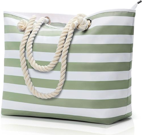 KALIDI Große Strandtasche mit Reißverschluss Wasserdicht Badetasche Strandtasche XXL Familie Beach Tote Bag mit Reißverschluss Große Shopper Damen Sporttasche Schultertasche, Streifen Grün Weiß