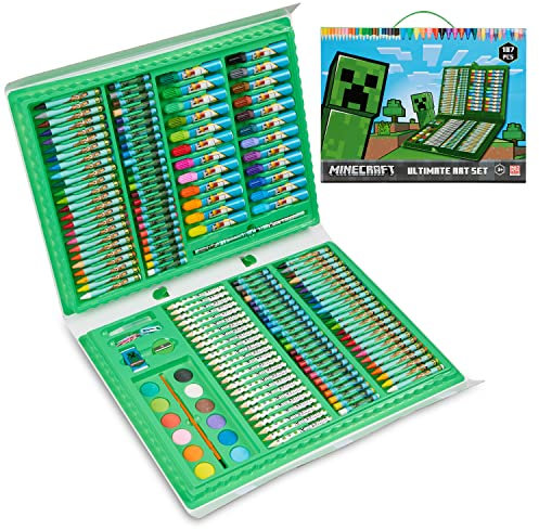 Minecraft Kinder Zeichenkoffer, Ausmalen und Zeichenset mit 187-teiligem Kunstzubehör, Buntstiften, Farben, Markern, Ölpastellkreiden, Ideal für Arts & Crafts Zeit, Sichere und Hochwertige Kunstsets
