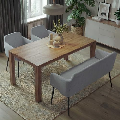 Mendler Esszimmer-Set HWC-L13 Stoff/Textil - grau | 2er-Set, Stuhl+Sitzbank, Esszimmergruppe, Sitzgruppe, Esszimmergarnitur