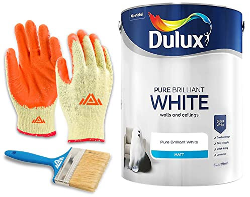 PERFECTONISH Dulux Paint For Walls & Ceilings- Pure Brilliant White Emulsion Paint With Protective Gloves & 3 Brush- Quick Drying White Bathroom Paint (3 Litres, Matt)