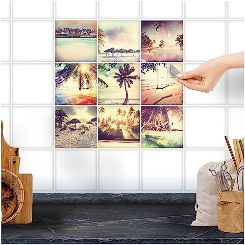FoLIESEN Fliesenaufkleber für Bad, Küche, Badezimmer - Fliesen-Folie selbstklebend - Maritime Deko-Aufkleber - Beach-Collage, .:15x15 cm - 9-tlg.