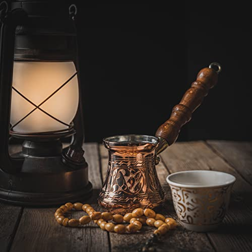 The Silk Road Trade - Serie PC (mediana) - Cafetera turca griega árabe griega grabada y martillada de cobre macizo más grueso, resistente, cafetera para estufa, Jazzve, Cezve, Ibrik (10 onzas líquidas