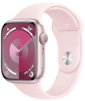 Apple Watch Series 9 [GPS] Smartwatch con Caja de Aluminio en Rosa de 45 mm y Correa Deportiva Rosa Claro - Talla M/L. Monitor de entreno, App Oxígeno en Sangre, Resistencia al Agua