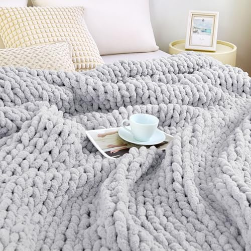 Admitrack Grobstrickdecke, 100% Handgestrickte Chenille-Wohndecke für Sofa und Wohn-Deko, weiche und gemütliche Strickdecke, Hellgrau, 129,5 x 160 cm