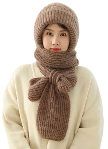 NLIADVY Integrierter Gehörschutz, winddichter Mützenschal, Warmer Winter-Strickmützenschal, Kapuzenschal, Damen-Winter-Strickmütze (Khaki,One Size)