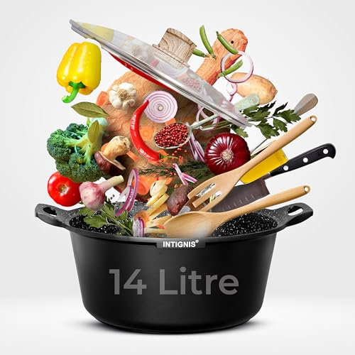 INTIGNIS® Casserole Pot with lid – Large 36cm |12 Litre | 16 Inches – Induction Compatible – GREBLON Ceramic Non Stick Chemical Free Coating Black