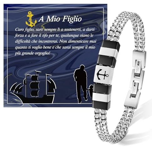 FANCIBAND Regalo per Mio Figlio Bracciale Uomo Acciaio Inox Doppio con Ancora Portafortuna, Idee Regali per Figlio Ragazzo Laurea Compleanno Natale Regali per Ritorno a Scuola