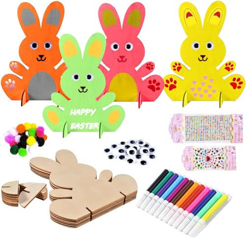 Funmo 10 Stück Hasen aus Holz zum Bemalen, DIY Osterhase Deko, Bunte Mini Pompons mit Kulleraugen, Osterhasen Deko Holz Bastelset Kinder Frühling für Kinder Ostern und Frühling zum Dekorieren