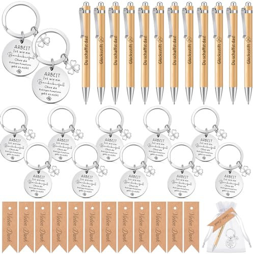 Tenare 12 Set Abschiedsgeschenk für Dankeschön Kollegen inklusive Arbeit Ist Wie Ein Banküberfall Schlüsselanhänger Motivation Kugelschreiber Glücksstift Geschenkanhänger Organzasäckchen für Ruhestand