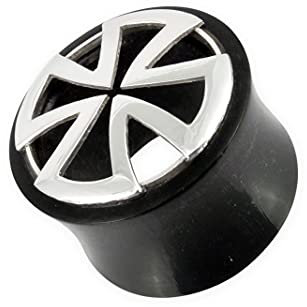 Fly Style 1 Paar Piercing Ohr Tunnel Plug Horn und 925 Silber - Ohr Piercings - Eisernes Kreuz Horn Tunnel, Grösse:6 mm (Paar), Modelle:Modell A