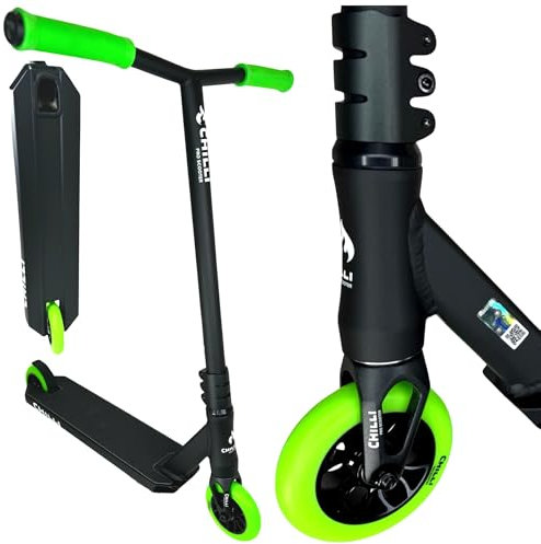 Chilli Pro Base Critter Stunt-Scooter Park I Anfänger I Profi I Trick I Tret I Kinder I Roller I Schnelle Rollen I ABEC 9 I Stahl Lenker I Fantic26 Griptape I (Reaper Mini H=75cm Schwarz/Grün)