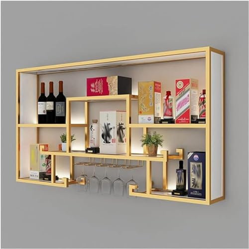 Barregal, schwebende beleuchtete LED-Regale, Metall-Weinflaschen- und Glasregal, Flaschenregal, kommerzielle beleuchtete Bar, Zuhause, Wandregal (Größe: 120 x 20 x 80 cm, Farbe: Goldfarben)