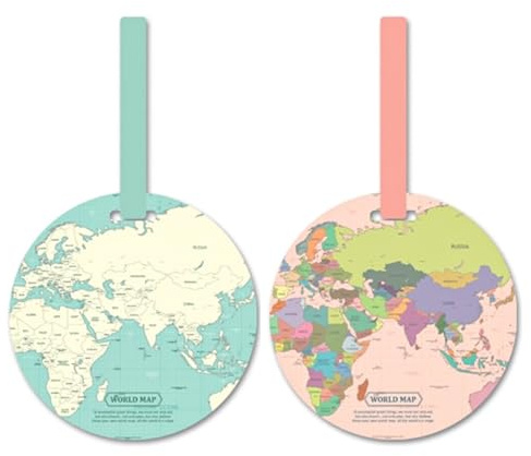 Ethlomoer World Map Luggage Tags, 2PCS Baggage Labels, Travel ID Tags, Suitcase Tag, Prevent Loss of Bags-Suitcases, Handbag Labels, for Backpack, Leather Luggage Tags, Light Green and Pink