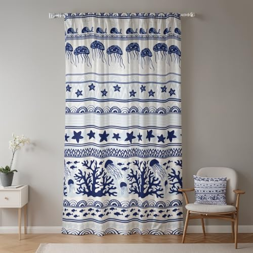 ggaimwf Maritime Fenstervorhänge Marineblau Qualle Koralle Boho-Stil Vorhänge mit Marinemotiv für Wohnzimmer Schlafzimmer Tür Privatsphäre Raumteilervorhang hintere Lasche 135x229 cm 1 Panel