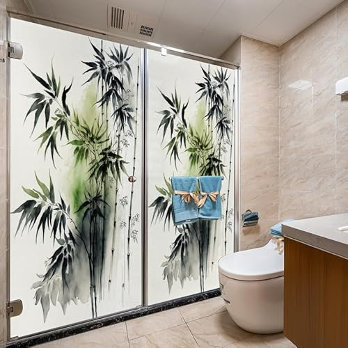 Fensterfolie Grün Bambus Schwarz Milchglasfolie ohne Klebstoff Fensterfolie Blickdicht Folie Fenster Sichtschutz Anti UV Klebefolie Fenster Büro Sichtschutzfolie Fenster 1Pcs (60x116 cm)