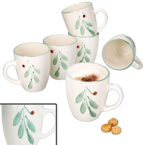 MamboCat 6er Set Holly Kaffeebecher I 320 ml I Steingut-Tassen mit Henkel I Dekor mit Mistelzweigen & Beeren I 6 Personen I Glühwein, Kakao, Latte Macchiato & Co