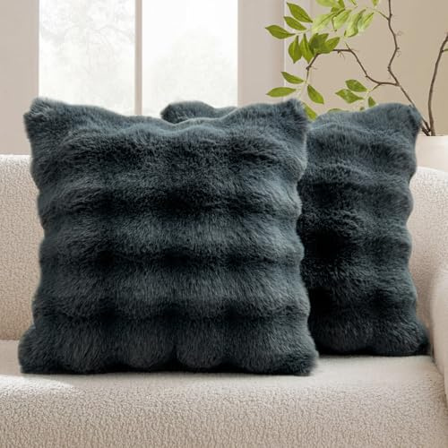 MIULEE Kissenbezug Dunkelgraue 50x50 cm 2er Set Künstlich Pelz Kissenbezüge Kuschelkissen Welle Kissenhülle Dekokissen Dekorative Weiche Zierkissen Sofakissen für Wohnzimmer Schlafzimmer Balkon