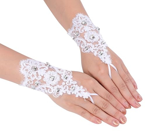 CHIC DIARY Fingerlose Brauthandschuhe Kurze Spitzenhandschuhe mit Strass Tüll Handschuhe Brautkleid Abendkleid Accessories